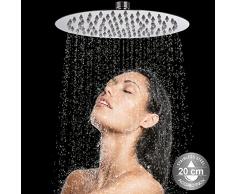 BAKAJI Duschkopf Rund Wasserfall Edelstahl Ultra Dünn mit Silikondüsen 5 mm, Silber, 20 x 20 cm, Mehrfarbig, 1 Stück