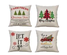 Xhonp Weihnachts-Kissenbezug, Weihnachtsbaum und rotes Autokissen, Bauernhof, Dekoration, Baumwolle, Leinen, 4 Stück 18 * 18 inch 1