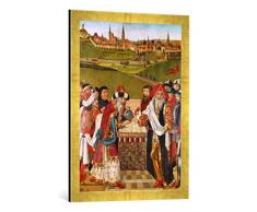 Gerahmtes Bild von Hans Bornemann Heiligenthaler Altar mit der ältesten bekannten Ansicht der Stadt Lüneburg, linker Außenflügel, Kunstdruck im hochwertigen handgefertigten Bilder-Rahmen, 50x70 cm, Gold Raya