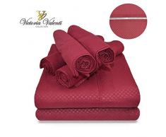 Victoria Valenti Bettlaken-Set mit 4 Kissenbezügen (zwei Kissenbezüge), Doppelbett gebürstet und sehr weich mit tiefen Taschen für extra tiefe Matratze, Mikrofaser, hypoallergen Split King burgunderfarben