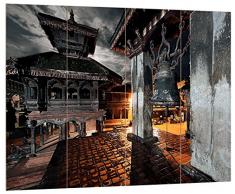 Pixxprint alte japanische Glocke, MDF Bretterlook Format: 80x60cm, Wanddekoration Holzbild, Holz, bunt, 80 x 60 x 2 cm