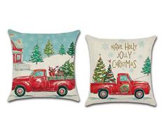 Carrie Home Kitty Pet Kissenbezug Home Decor Baumwolle Leinen Cute Cat Kissen Dekorative Überwurf Kissenbezug 45,7 x 45,7 cm, 4 Stück Square 18 Inches Christmas Tree and Red Truck