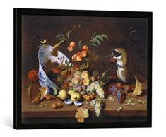 Gerahmtes Bild von Hans Van Essen Stilleben mit Früchten und Tieren, Kunstdruck im hochwertigen handgefertigten Bilder-Rahmen, 70x50 cm, Schwarz matt