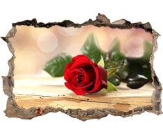 Pixxprint 3D_WD_S2062_92x62 prächtige rote Rose auf Holztisch Wanddurchbruch 3D Wandtattoo, Vinyl, bunt, 92 x 62 x 0,02 cm