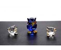 ChangThai Design 3 Stück Blaue Eule Set Handschale Glas Puppenhaus Miniaturen Deko Figur Collection