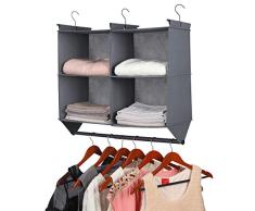 MAX Kleiderschrank-Organizer, 4 Abschnitte, Hängeschrank Organizer mit Kleiderstange, zusammenklappbare Aufbewahrungsregale mit 3 Metallhaken, Grau