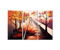 Fliegenspray, 3-teilig, 100% handbemalte Ölgemälde, gespannt, gerahmt, fertig aufgehängt, Ausflug bei Sonnenaufgang, Herbst, Bäume Menschen, moderne abstrakte Leinwand, Wohnzimmer, Schlafzimmer, Büro, Wandkunst, Heimdekoration