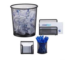 Relaxdays Schreibtisch Organizer 4er Set Metall, Schreibtisch-Set, Ablage, Zettelbox, Stifteköcher, Mülleimer, schwarz