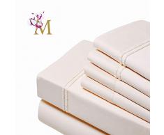 6-teiliges Bettlaken-Set, Fadenzahl 1000, 100 % ägyptische Baumwolle, Giza86- Satin-Gewebe, passend für Matratzen bis 45,7 cm, entworfen mit 2 Linien aus glattem Samtgarn Queen ( 6 Pieces Set) Elfenbein (Design: Samtgarn)