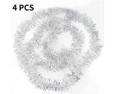 GLE2016 4 Stück Weihnachtsgirlande Metallic Lametta Twist Girlande, 7,6 cm breit x 1,8 m lang glänzend glitzernd Party Weiche Lametta Weihnachtsbaum Hochzeit Geburtstag Party Hängedekoration Pack of 4 silber