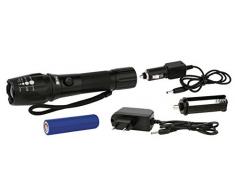 EMOS aufladbare LED Metall-Taschenlampe für Outdoor, 15 Stunden Leuchtdauer, Lichtstrom 300 Lumen, 286 m Leuchtweite + 2X Ladekabel, Box, Aluminium, Schwarz, 18 x 3,8 x 3,8 cm