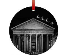 Santa und Schlitten Reiten Über die pantheon-ancient rome-greyscale-double-sided rund geformte flache Aluminium Weihnachten Urlaub zum Aufhängen Baum Ornament mit einem roten Satinband. Hergestellt in den USA.