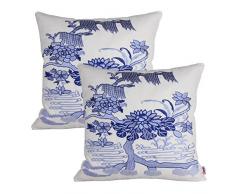 Queenie – 2 PCS Traditionelles Chinesisch Blau und Weiß Porzellan Serie 100% Baumwolle bestickt Dekorative Kissenbezug Werfen Kissen Fall 45,7 x 45,7 cm 45 x 45 cm, baumwolle, baum, 45,7 cm