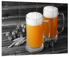Pixxprint Zwei Biergläser Hefeweizen mit Hopfen auf Holztisch schwarz/weiß, MDF Bretterlook Format: 80x60cm, Wanddekoration Holzbild, Holz, bunt, 80 x 60 x 2 cm