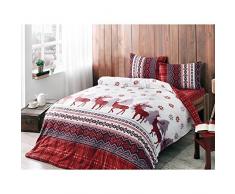 LaModaHome 3 PCS Schlafzimmer Weich farbigen 100% Baumwolle Flanell Single Quilt Bettbezug Set Winter Weihnachten clared rot grau weiß Hirsch Patternn Einzelbett mit Spannbetttuch ohne Tröster