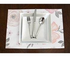 Eine luxehome Blush Pink, Grau, und Weiß Shabby Chic Watercolor Rose Floral Tisch-Sets Topper Tisch Badematten-Set von 4