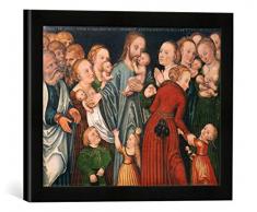 Gerahmtes Bild von Lucas Cranach der Ältere Christus segnet die Kinder, Kunstdruck im hochwertigen handgefertigten Bilder-Rahmen, 40x30 cm, Schwarz matt