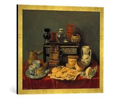 Gerahmtes Bild von Antonio de Pereda Stilleben, Kunstdruck im hochwertigen handgefertigten Bilder-Rahmen, 70x50 cm, Gold Raya