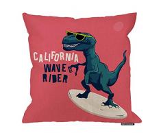 HGOD Designs Dinosaurier-Kissenbezug, lustiger Surfer Dinosaurier California Wave Rider Baumwolle Leinen Polyester Dekorative Home Decor Sofa Couch Schreibtisch Stuhl Schlafzimmer 40,6 x 40,6 cm 18x18 Inch A3-0033