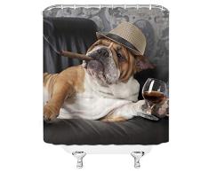 Lustiger Hund Duschvorhang, süßer Hund mit brauner Bulldogge mit Zigarre und Champagner Humor Haustiere auf Sofa, modisch, natürlicher Tier, kreativer Stoff, Badezimmer-Vorhang-Set, 180,9 x 182,9 cm, mit Haken, Braun / Grau hund