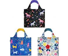 Wrapables Wiederverwendbare Einkaufstasche mit Außentasche (Set of 3) Kitties, Einhörner, Hasen