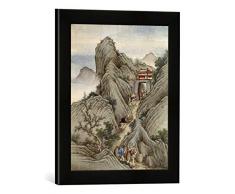 Gerahmtes Bild von 18. Jahrhundert China: Tee-Transport in den Bergen/18.Jh, Kunstdruck im hochwertigen handgefertigten Bilder-Rahmen, 30x40 cm, Schwarz matt