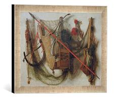 Gerahmtes Bild von Christoffel Pierson Stilleben mit Jagdwaffen und-gerät, Kunstdruck im hochwertigen handgefertigten Bilder-Rahmen, 40x30 cm, Silber Raya