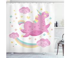 Girly Decor Vorhang für die Dusche Set by ambesonne, Chubby legendären Smiley Einhorn mit Star Rainbow Funny Cartoon Kinder Zimmer Kinderzimmer Decor, Bad Zubehör, 190,5 cm lang, pink gelb