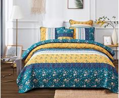 Dada Betten Mediterraner Füllfederhalter Bohemian wendbar Baumwolle Real Patchwork gesteppt Überwurf Tagesdecke Set – Leuchtendes Blumenmuster Paisley Colorful türkis blaugrün blau & Green Print, baumwolle, blau, Twin