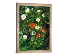Gerahmtes Bild von Augusta Laessoe Wildrosen, Mohnblumen und Gänseblümchen an Einer Steinbank, Kunstdruck im hochwertigen handgefertigten Bilder-Rahmen, 50x70 cm, Silber Raya