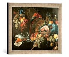 Gerahmtes Bild von Jan Davidsz. de Heem Stilleben mit Papagei, Kunstdruck im hochwertigen handgefertigten Bilder-Rahmen, 40x30 cm, Silber Raya