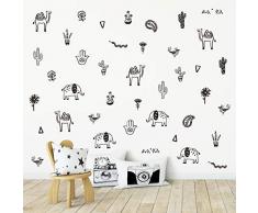 Wand-Vinyl-Aufkleber, orientalisches Tier, 40 Stück Kinderzimmerdekoration, originelles Künstlerdesign. Aufkleber für Kinder, selbstklebend Baby Kamel, Elefant, Vogel, Kaktus, Pflanzgefäß, Schlange, Hand, Schlafzimmer Dekoration. schwarz