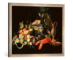 Gerahmtes Bild von Jan Davidsz. de Heem Stilleben mit Früchten und Hummer, Kunstdruck im hochwertigen handgefertigten Bilder-Rahmen, 70x50 cm, Silber Raya