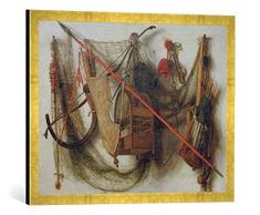 Gerahmtes Bild von Christoffel Pierson Stilleben mit Jagdwaffen und-gerät, Kunstdruck im hochwertigen handgefertigten Bilder-Rahmen, 70x50 cm, Gold Raya