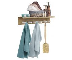 Sorbus Bambus Wandregal mit 6 Haken, Wandmontage, Handtuchhalter mit Ablagefach, ideal für Badezimmer, Spa, Flur, Schlamm, Schlafzimmer, Holz skandinavischer Stil