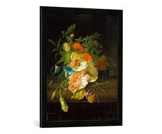 Gerahmtes Bild von Rachel Ruysch Blumenstilleben mit Schmetterlingen auf Einer Steinbank, Kunstdruck im hochwertigen handgefertigten Bilder-Rahmen, 50x70 cm, Schwarz matt