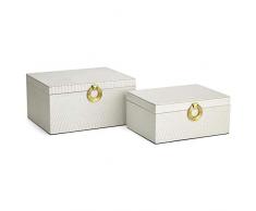 Benjara BM196538 Schmuckkästchen aus Holz mit texturiertem Kunstleder und Metallgriff, Weiß, 2 Stück