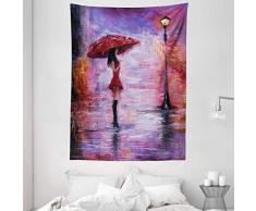 ambesonne Lakehouse Decor Kollektion, Ölgemälde View allein Young Woman Holding Umbrella near a Retro Lampe auf A Rainy Night, Schlafzimmer Wohnzimmer Wohnheim Wandbehang Wandteppich, rot lila blau