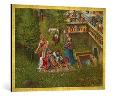 Gerahmtes Bild von Albrecht Altdorfer Susanna im Bade und die Steinigung der Alten. Detail: Badeszene am Brunnen, Kunstdruck im hochwertigen handgefertigten Bilder-Rahmen, 100x70 cm, Gold Raya