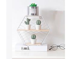 Doremy Hängeregal, Wand montiert Moderne Simple Geometrie Holz Metall Draht Hexagon-Pflanze Blume Wanddekoration Abstellflächen Display Racks Perfekt für Schlafzimmer, Wohnzimmer, Büro Art Deco Weiß