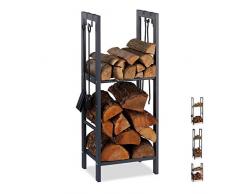 Relaxdays, anthrazit Kaminholzregal mit 2 Ablagen, aus Stahl, 4 Haken für Kaminbesteck, Brennholzregal HBT 100x40x30 cm, 100 x 40 x 30 cm