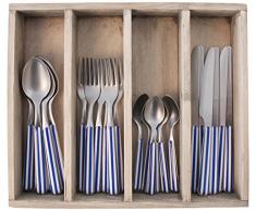 Provence Besteckset mit Tablett aus Edelstahl, gestreift, Edelstahl, blau, 33.5 x 29.5 x 6.5 cm