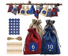 Evenwils DIY Weihnachten Adventskalender Hängetasche, 24 Tage Jute, Geschenktüten für Urlaub Party Süßigkeiten Schokolade Sack Aufbewahrungstasche für Weihnachtsdekoration