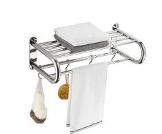 BESy Edelstahl-Handtuchhalter mit Ablage, verstellbares Badezimmer-Regal mit Handtuchstange und Haken für Wandmontage, Multifunktions-Doppel-Handtuchstangen Hotel-Stil, poliertes Chrom, 38,1 bis 26,8 Zoll