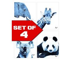 Mazzio Arts Dekofigur Elefant, Panda, Koala, Giraffe, Blau Farbakzent Set mit Vier stilvollen Wanddekorationen, 20,3 x 25,4 cm Ideal für Babyzimmer, Kinderzimmer, Kinderzimmer