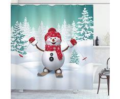 Weihnachten Vorhang für die Dusche von ambesonne, schneebedeckten Mountain mit Tannenbäumen und Skifahren Schneemann Fun Urlaub Aktivität, Stoff Badezimmer Decor Set mit Haken, Blaugrün rot weiß, Textil, Multi 1, 69W x 75L