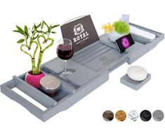 Royal Craft Holz Bambus Badewanne Caddy Tray mit Book und Wein Halter – EIN oder Zwei Person Bad und Bett Tablett mit der Erweiterung Seiten – freie – Seifenschale (grau)