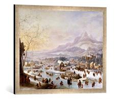 Gerahmtes Bild von Robert Griffier Große winterliche Flußlandschaft an Einer Stadt vor dem Gebirge, Kunstdruck im hochwertigen handgefertigten Bilder-Rahmen, 70x50 cm, Silber Raya