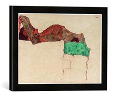 Gerahmtes Bild von Egon Schiele Liegende männlicher Akt mit grünem Tuch, Kunstdruck im hochwertigen handgefertigten Bilder-Rahmen, 40x30 cm, Schwarz matt