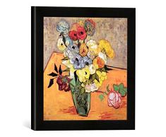 Gerahmtes Bild von Vincent Van Gogh Stilleben mit japanischer Vase, Rosen und Anemonen, Kunstdruck im hochwertigen handgefertigten Bilder-Rahmen, 30x30 cm, Schwarz matt
